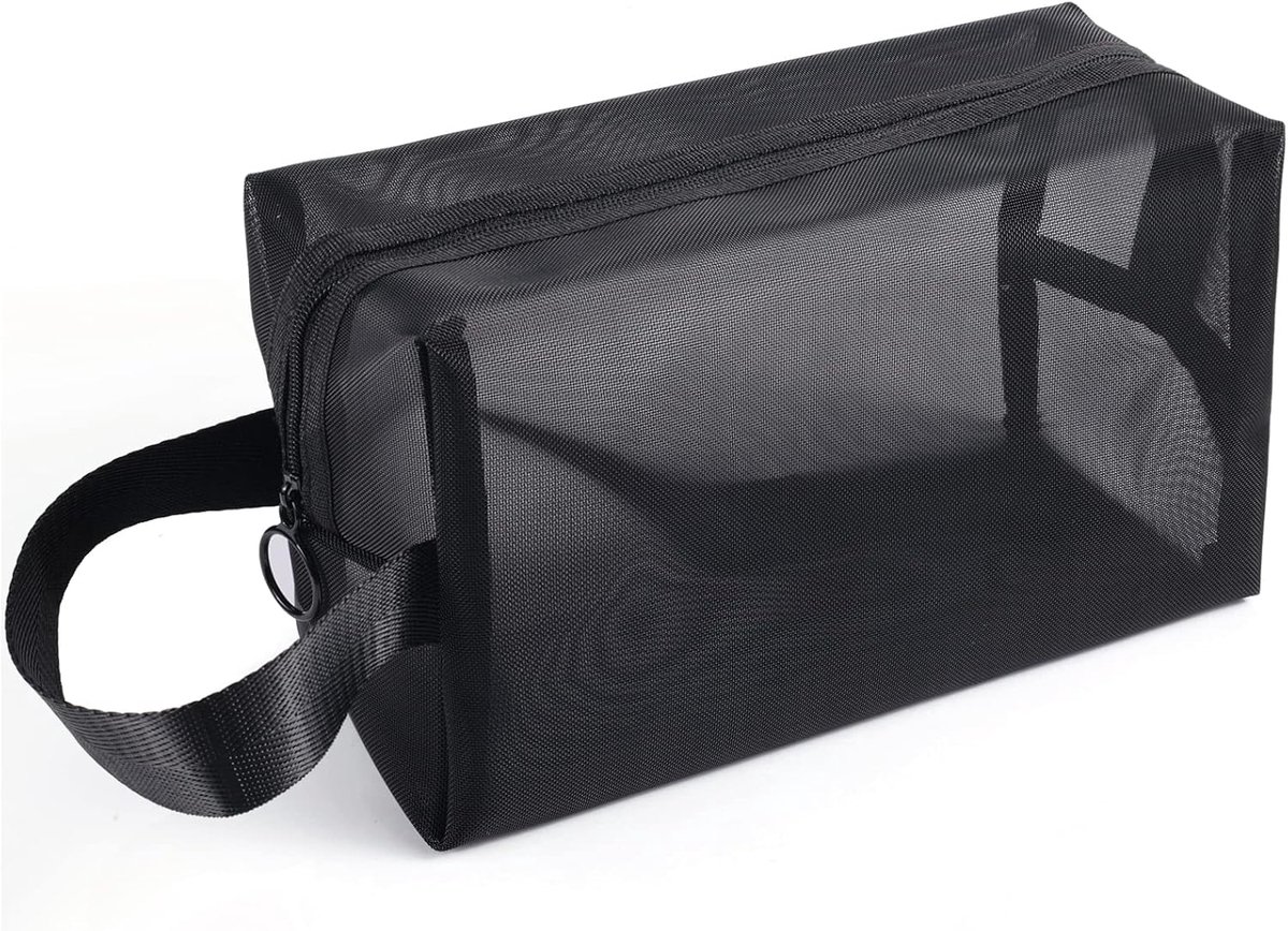 SnelShoppen - Black Mesh Douche Tas Hangende Bagage, Mesh Toilettas met Rits Klein met Handvatten, Handige Draagtas voor Reizen, Badkamer, Cosmetica O