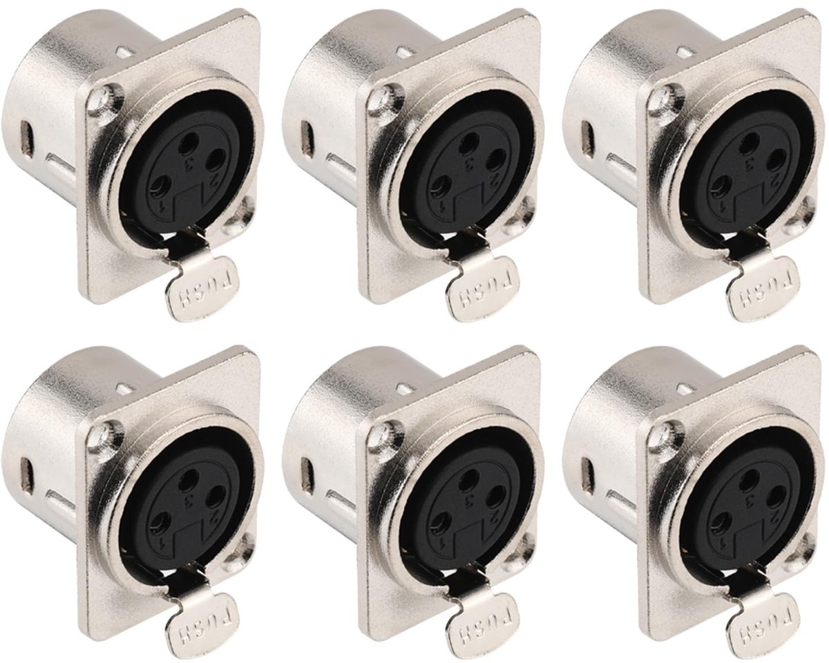 SnelShoppen - 6x XLR Female Plug 3-Pins Paneel Montage Connectoren voor Microfoons en Luidsprekers, Geplateerd Koper, Metaalbehuizing, Ideaal voor Gel