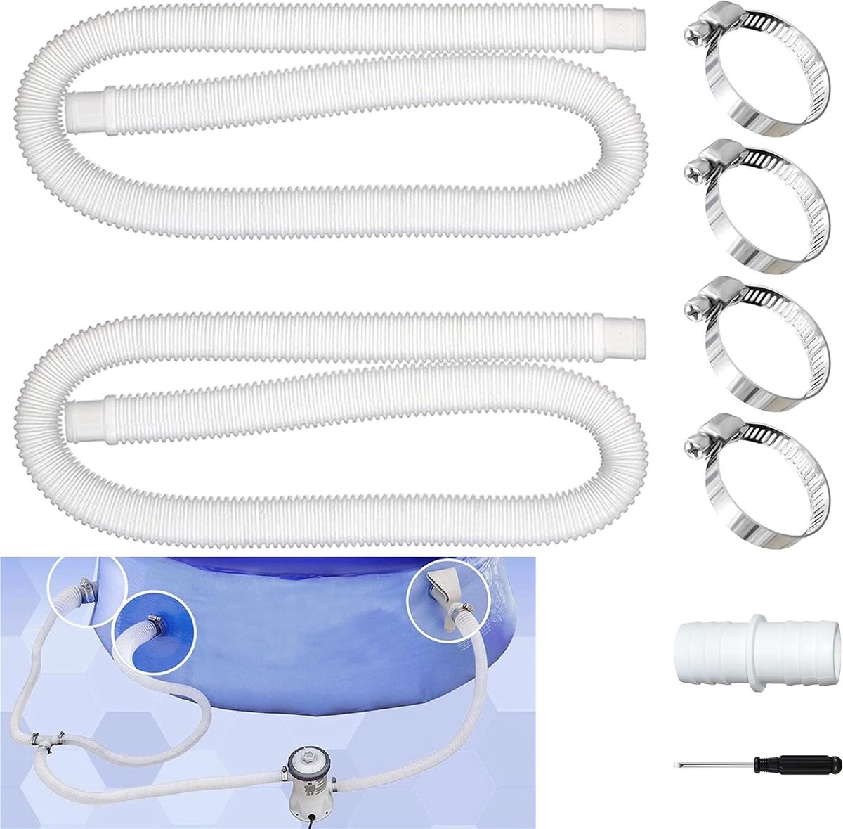 Vervangende zwembadslang 32 mm, 2 stuks, vervangingsslang voor zwembadpompen, inclusief 4 metalen clips en 1 slangverbinder, ideaal voor filterpompen en zwembadonderhoud