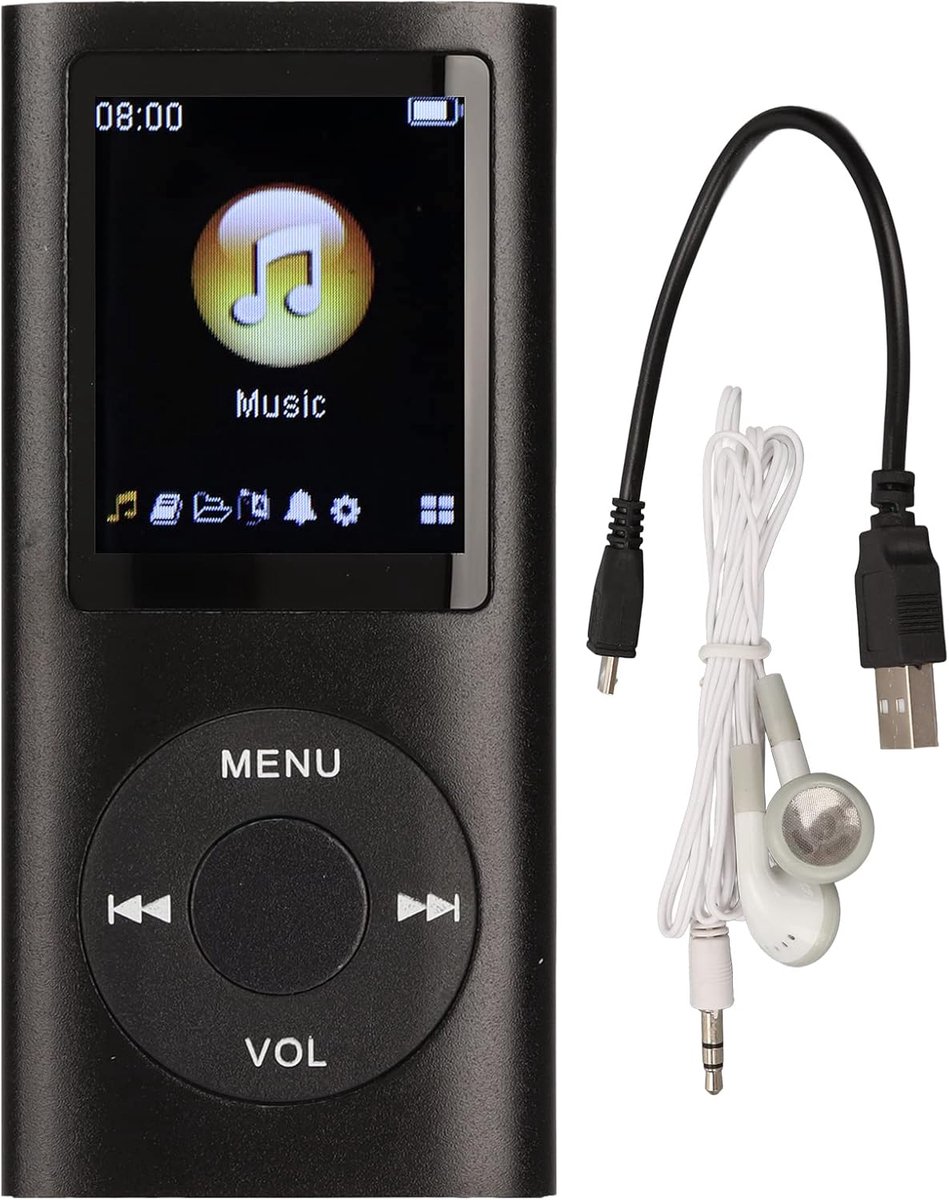 SnelShoppen - Draagbare MP3 Speler met Verliesloze Geluid, 1.8" LCD Scherm, Tot 64GB Ondersteuning, Oordopjes Inclusief, Zwart, Ideaal voor Feest, Cam