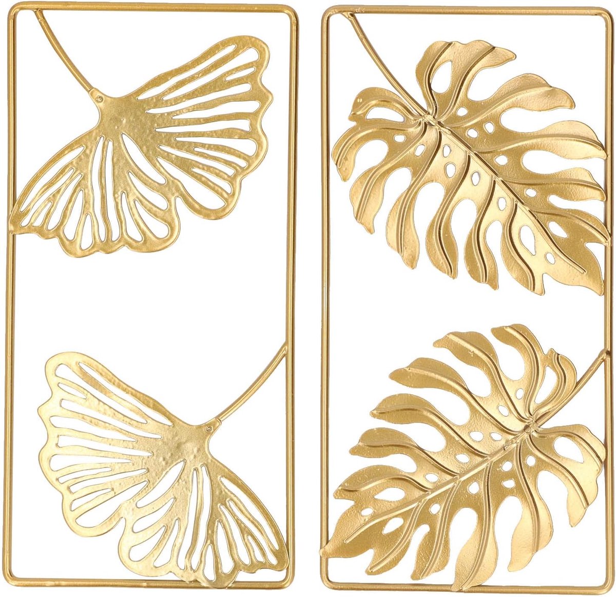 SnelShoppen - 2 Stuks Ginkgo Blad Sculptuur Wanddecoratie Metaal Gouden Kleur Exquise Wandornament voor Slaapkamer Kantoor Woonkamer