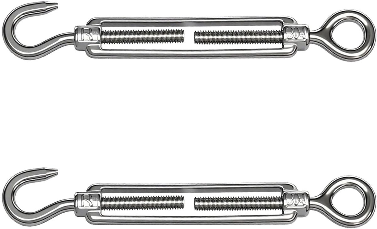 Set van 2 RVS Kabelspanners 90mm met Haak en Oog, Verstelbare Spanner voor Zeilen, Tentdoek en Waslijn, Roestvrij en Duurzaam