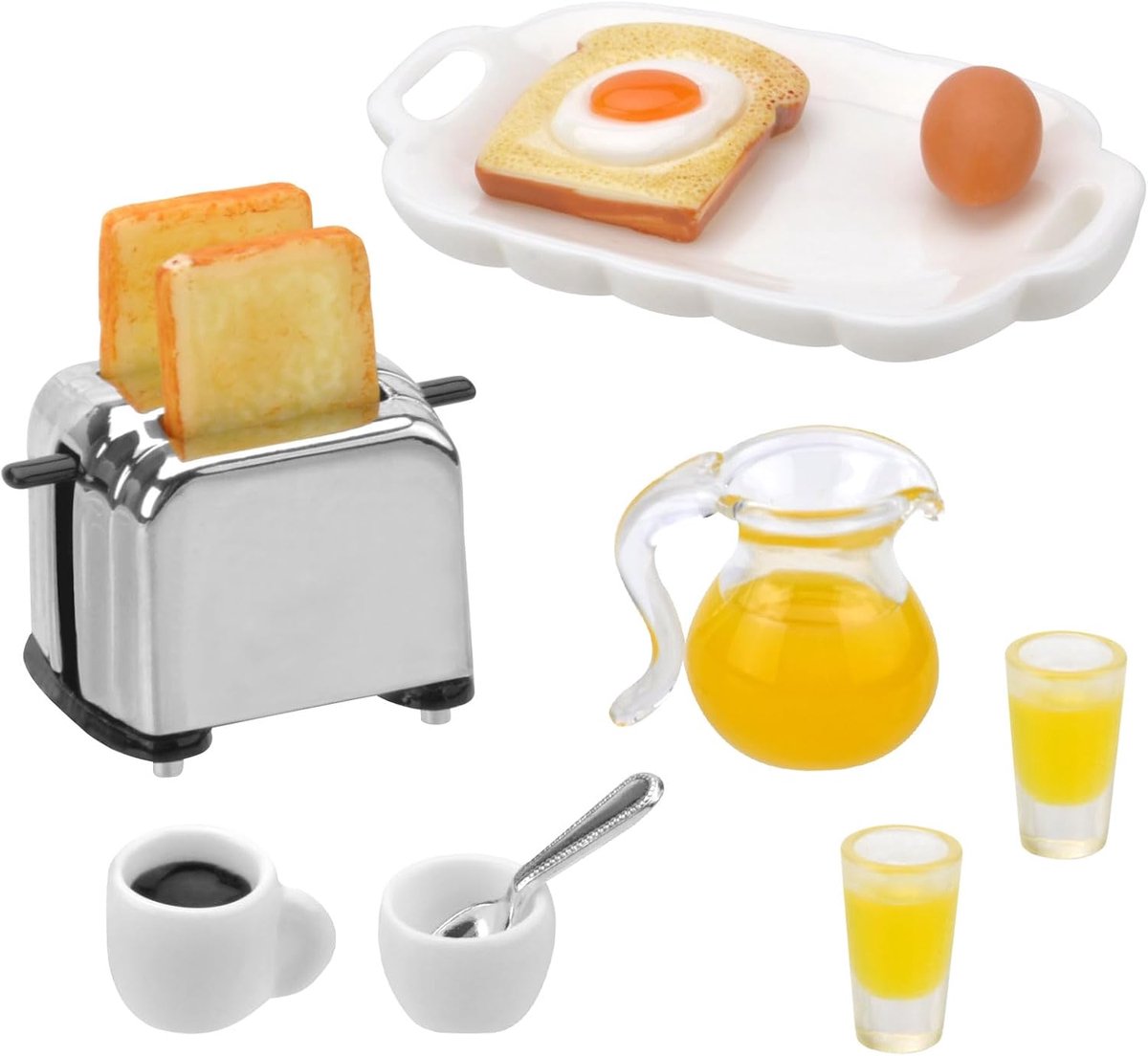 SnelShoppen - Populaire Poppenhuis Mini Ontbijt Set, Mini Voedselmodel, Miniatuur Keuken Accessoires, Toastmachine, Brood, Melk, Eieren, Kopjes, Bord,