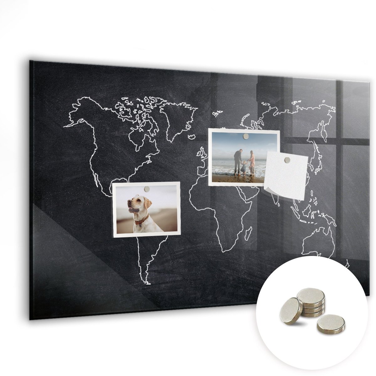 Coloray Glazen Magneetbord - Magnetisch Bord Overzicht van de wereldkaart - 60x40 cm - Zwart Magneetbord - Magnetic Board - Magneetbord Design