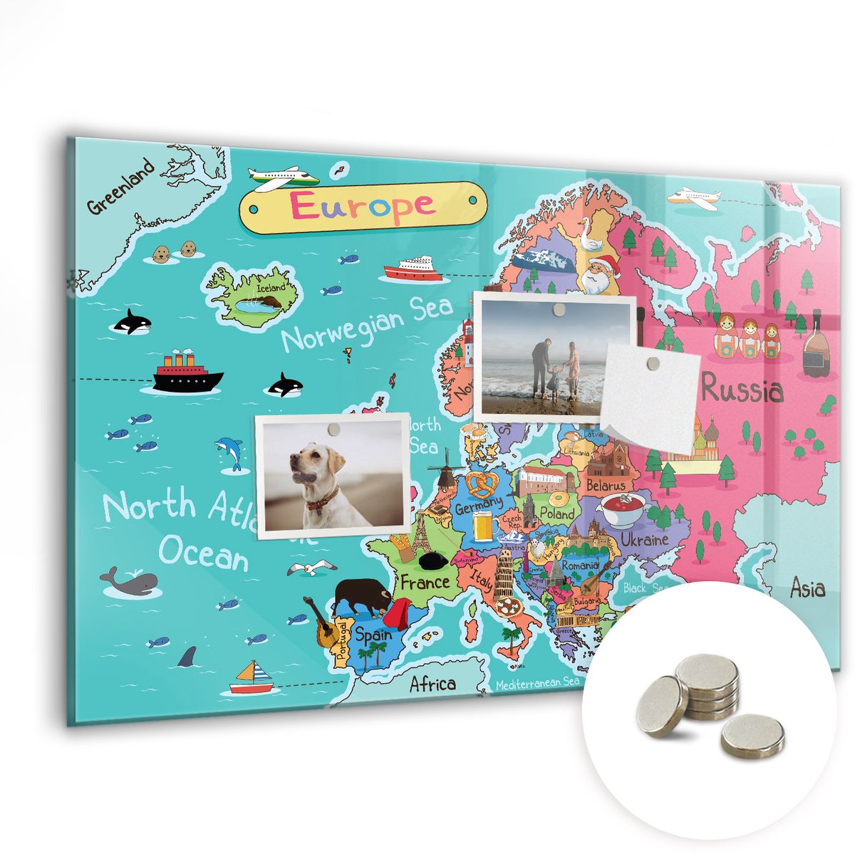 Coloray Glazen Magneetbord - Magnetisch Bord Kaart van Europa - 60x40 cm - Veelkleurig Magneetbord - Magnetic Board - Magneetbord Design