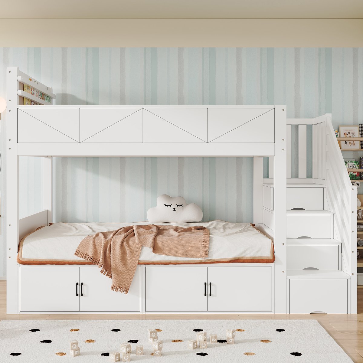PHOEBE CAT Stapelbed - 90 x 200 cm - Trap met opbergruimte - Met opbergkast - Valbeveiliging - Wit