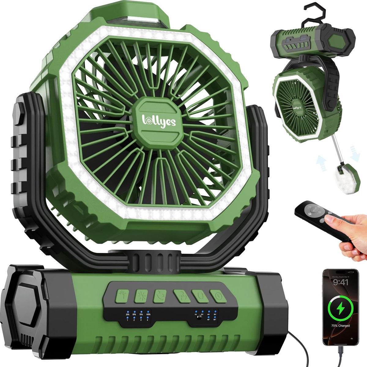 SnelShoppen - Camping Buiten Ventilator met Licht, 20000mAh Oplaadbare Draagbare Ventilator met Afstandsbediening, 360° Draaibare Haak en 4 Snelheden