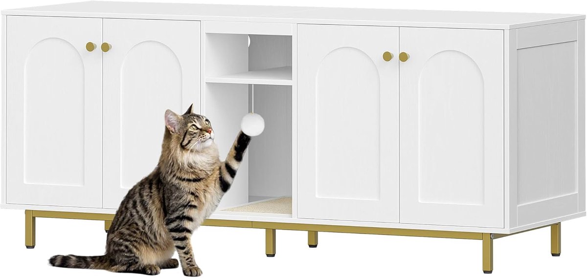 Hzuaneri Kattenkast voor 2 katten, 140 cm Kattenkast met kattenbak, Witgoud, Verborgen kattenhuis met dubbele compartimenten, Met opbergruimte, Pluche ballen, Kan ook als tv-meubel gebruikt worden, 140 x 48 x 62 cm