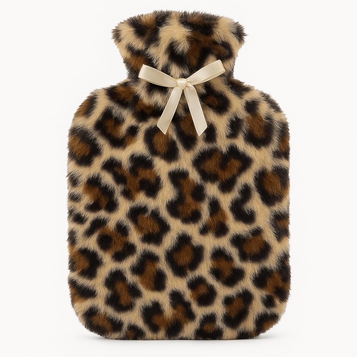 SnelShoppen - Hot Water Bottle 1.7 L met Fluffy Pluche Hoes Luipaardpatroon - Zachte Warmwaterkruik met Pompoms - Ideaal voor Pijn en Kou - Verwijderb
