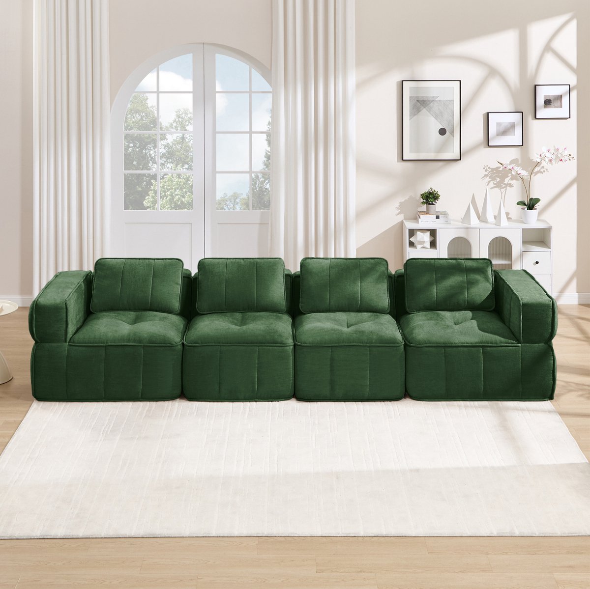 FloraGrace Zitbank 4-Zits 344 Cm - Modulair Zacht 32D Schuim Met Brede Armleuningen En Antislipbasis - Voor Woonkamer - Polyester - Groen
