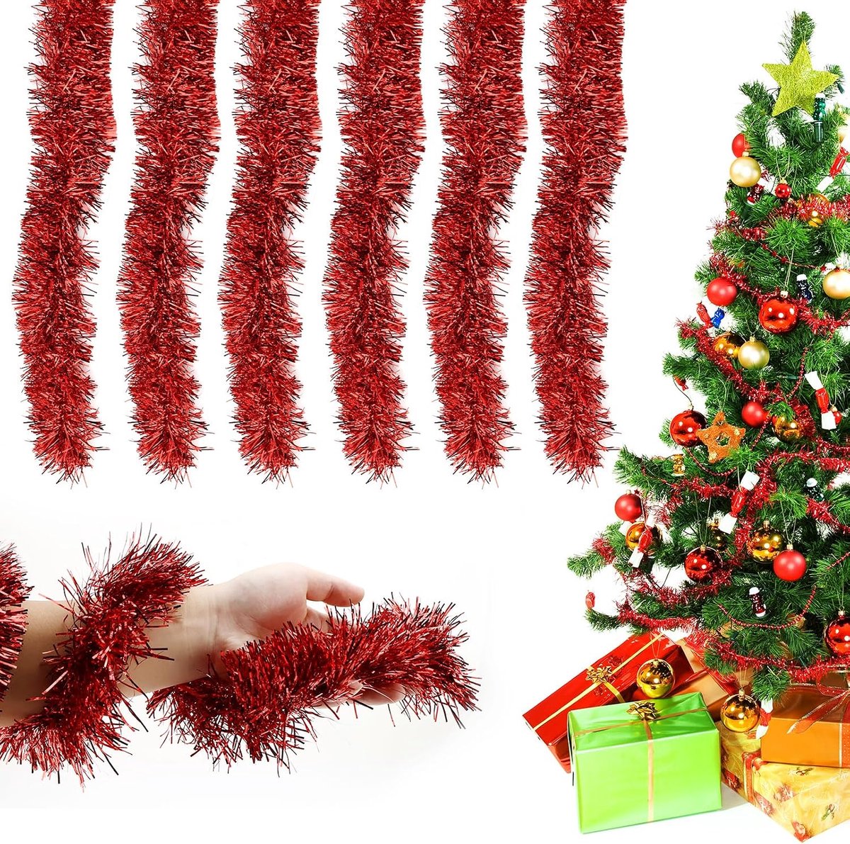 SnelShoppen - Garland Kerstboomdecoratie, 6 Stuks, 12 Meter Shiny Lametta, Rood, Duurzaam en Herbruikbaar, Perfect voor Feest, Bruiloft en Vakantie