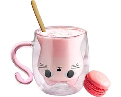 Schattige Kat Mok van Dubbelwandig Glas, Geïsoleerde Espresso en Cappuccino Kopjes, Perfect voor Melk en Thee, Ideaal voor Dierenliefhebbers