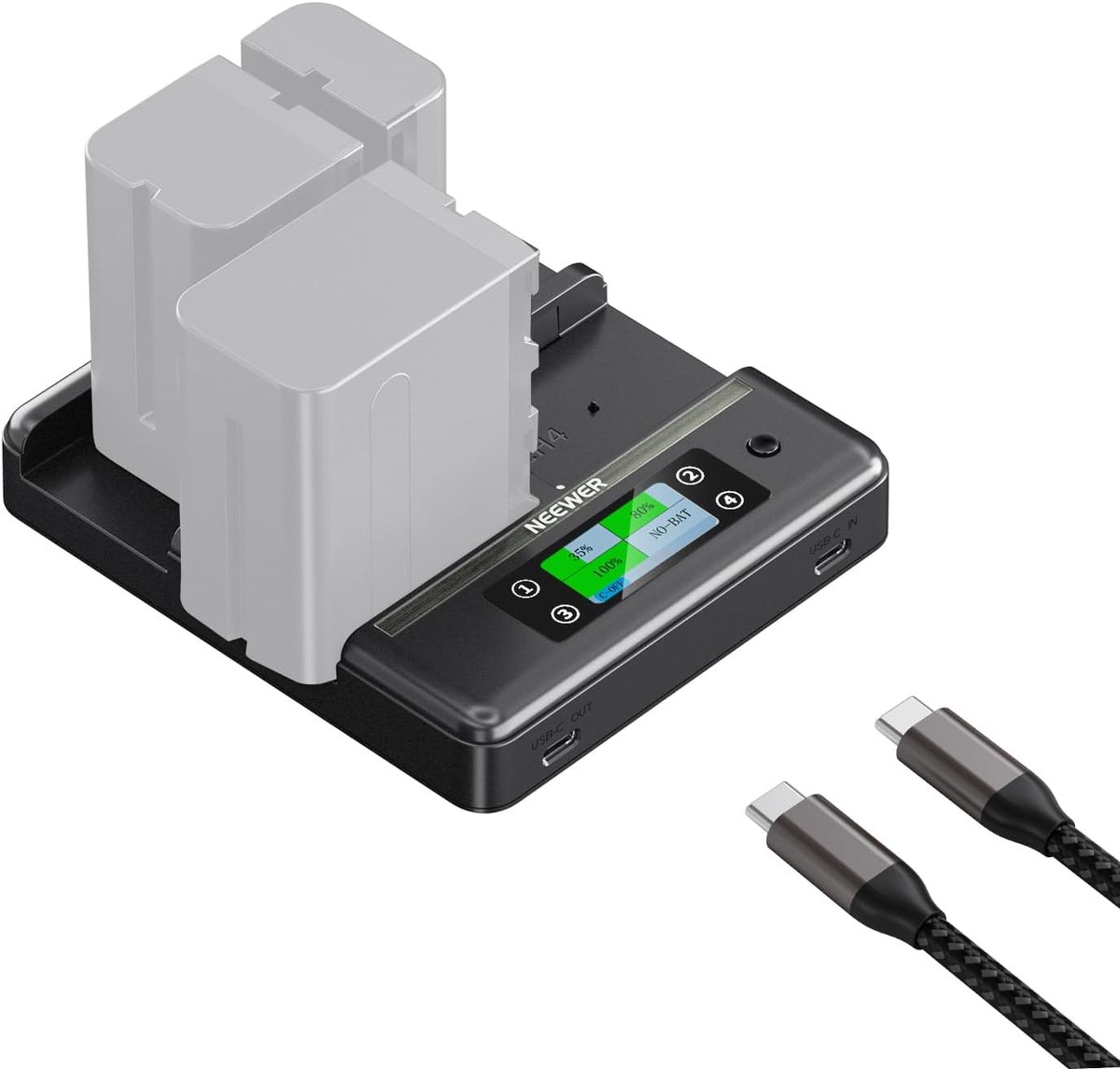 SnelShoppen - NP-F970 4 Kanaals Oplader met Intelligente Energie Consolidatie, Geschikt voor Sony NP-F550 750 Camcorder Batterij, PD100W/Dual USB C/OL
