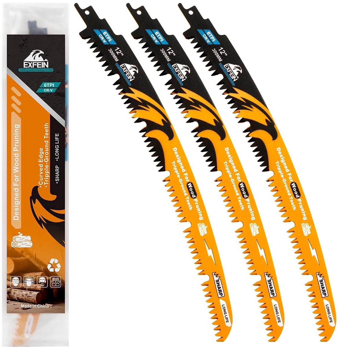 SnelShoppen - Reciprocating Zaagbladen voor Hout 300mm, Arc Edge Hout Snoei Zaagbladen 6TPI voor Boom Snoeien en Hout Snijden (3-Pack)