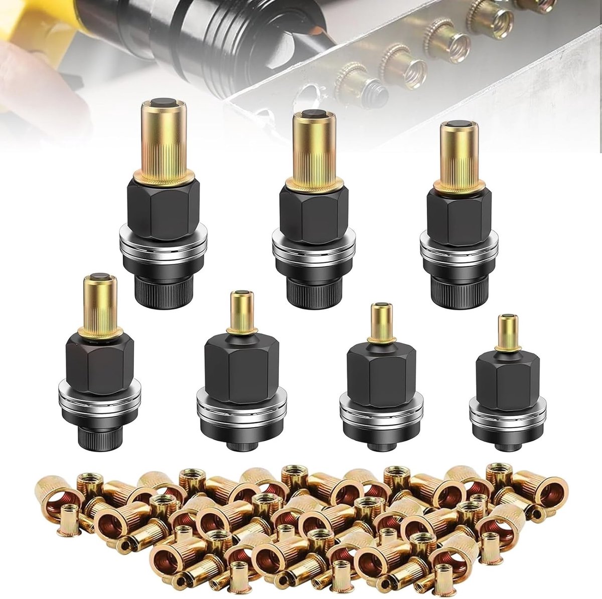 Klinkmoertang Set - Inpersmoer Gereedschap - Vastzetten Materialen - 7 Maten M3-M12 - 70 Delige Set - Zwart Goud