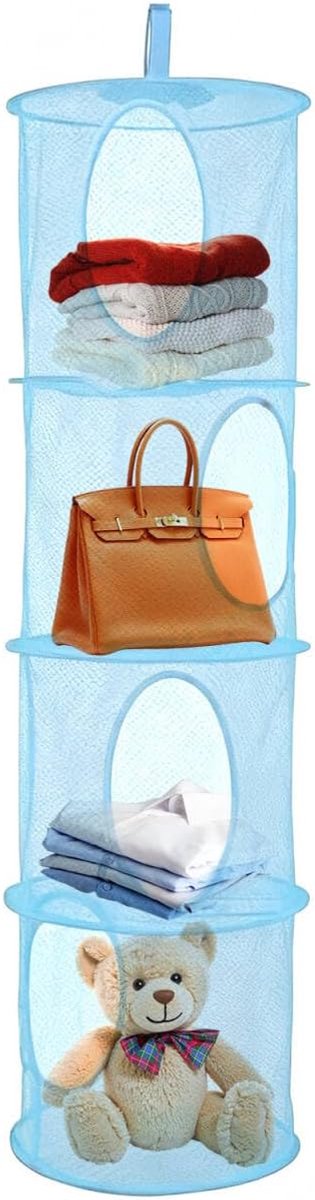 SnelShoppen - Hangende mesh-opbergtas met 4 vakken, opvouwbare netopbergtas voor speelgoed, multifunctioneel, blauw, ideaal voor thuis of op reis