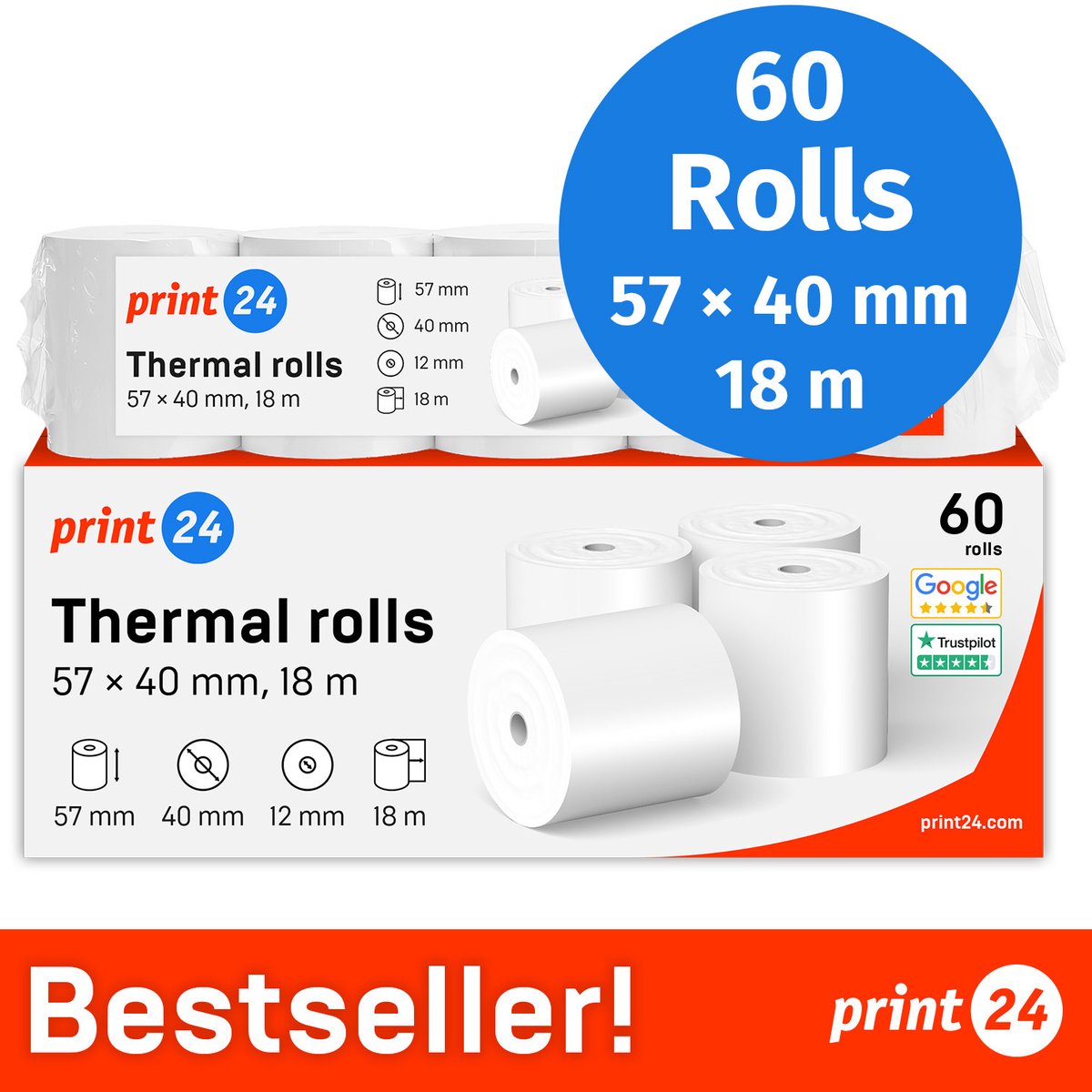NIEUW: print24 Thermische Rollen / Kassarollen, 60 Rollen, 57mm x 40mm x 12mm, 18m, Testwinnaar, PEFC-gecertificeerd, BPA-vrij, voor EPSON, IBM e.a.