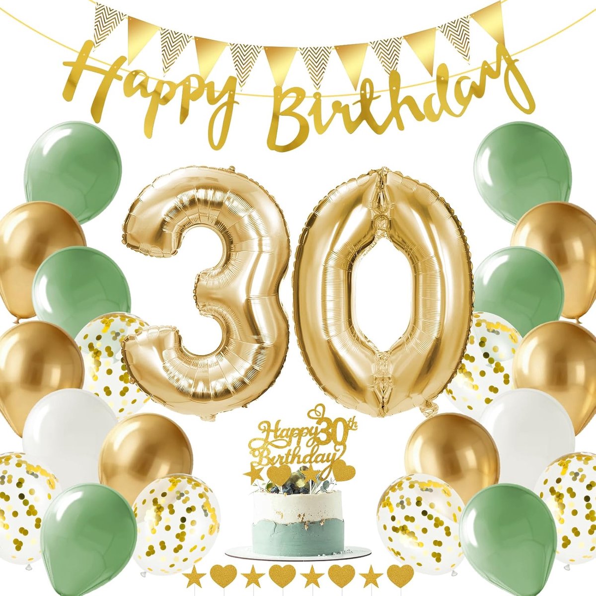 Verjaardagdecoratie 30e verjaardag - Ballonnen en vlaggen - Groen en goud - Feestelijke sfeer voor je feestje - SnelShoppen