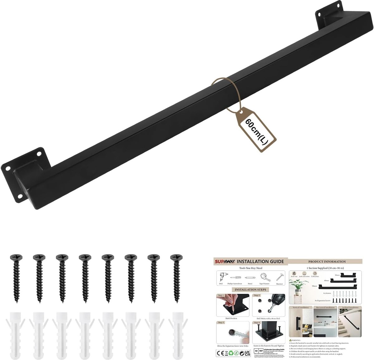 SnelShoppen - 60cm Handgreep voor Trappen Vierkant Buizenontwerp Wandhandgreep Veiligheidsleuning Zwart Matte Trapleuning voor Balkon en Deur