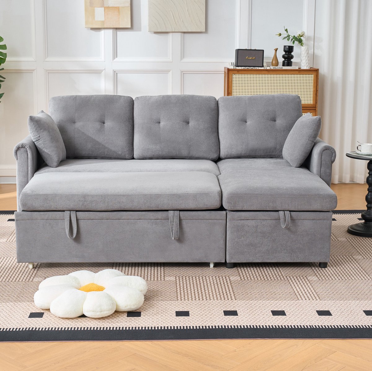 MIVRAY Hoekbank 206 x 130 x 85 Cm - Slaapbank Met Bedkast En Opbergruimte - Omkeerbare Chaise Longue Voor Woonkamer En Logeerkamer - Chenille Grijs