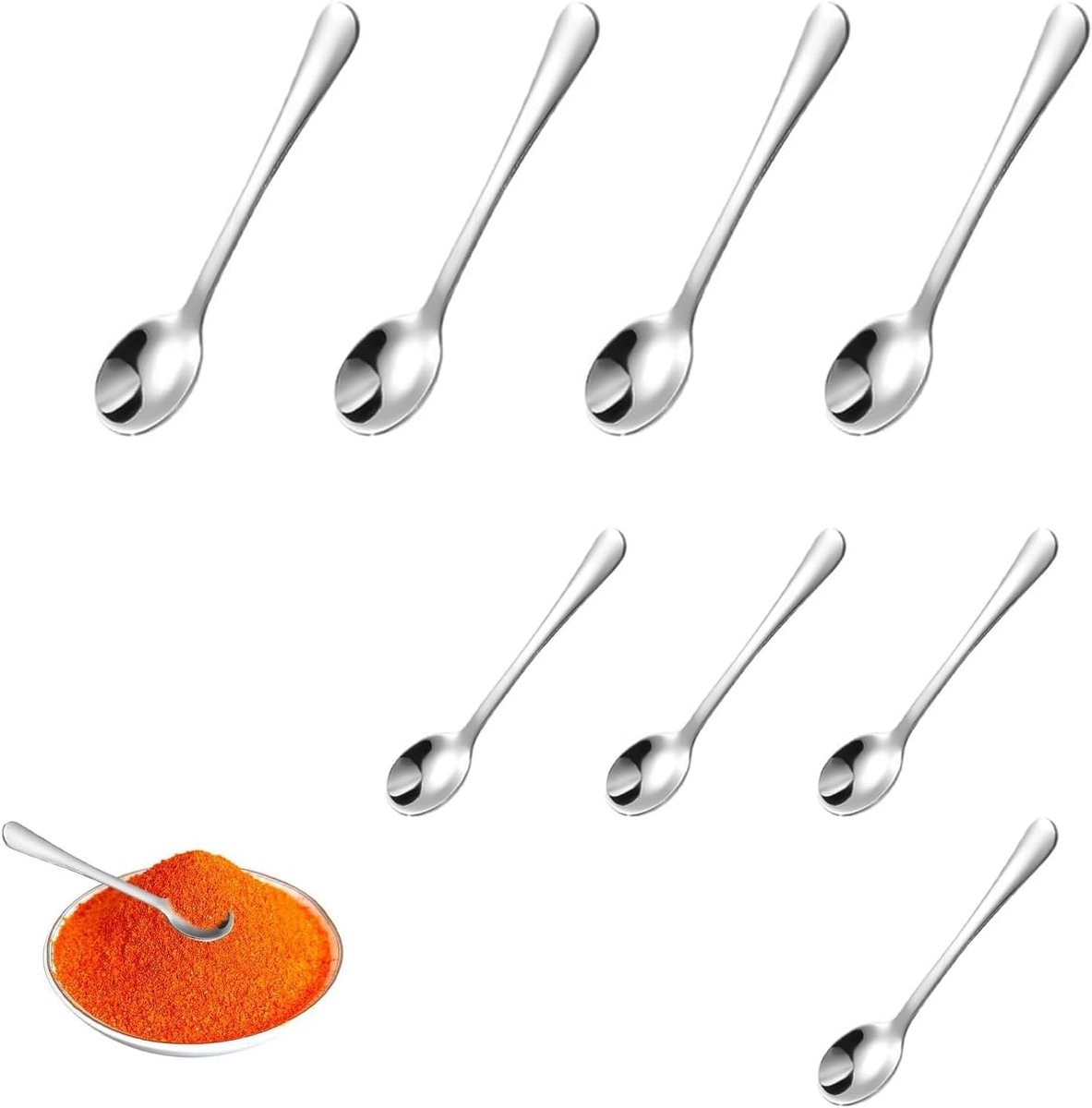 SnelShoppen - Set van 8 RVS Specerijlepels 7,5 cm en 9 cm - Mini Lepels voor Specerij Jars, Zout, Suiker - Hoogglans Gepolijst 304 Roestvrij Staal - K