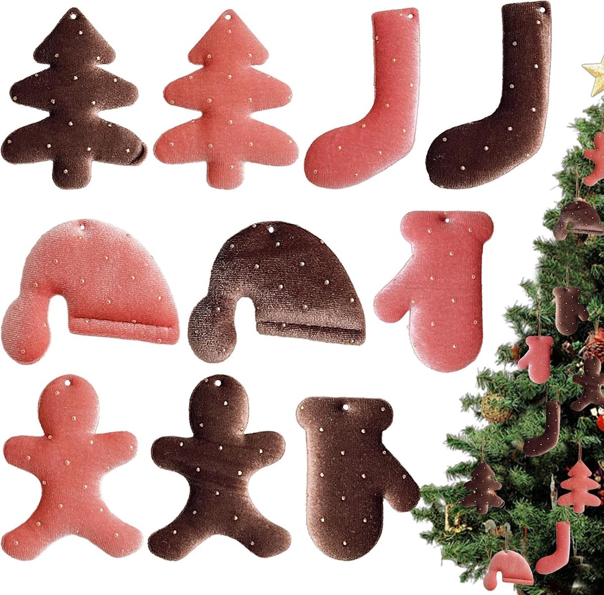 SnelShoppen - 10P Kerstboom Versieringen, Rode & Bruine 3.5 Inch Shiny Kerst Ornamenten voor Auto, Kerstboom | Peperkoekman | Kerstman Hoed, Sokken, H
