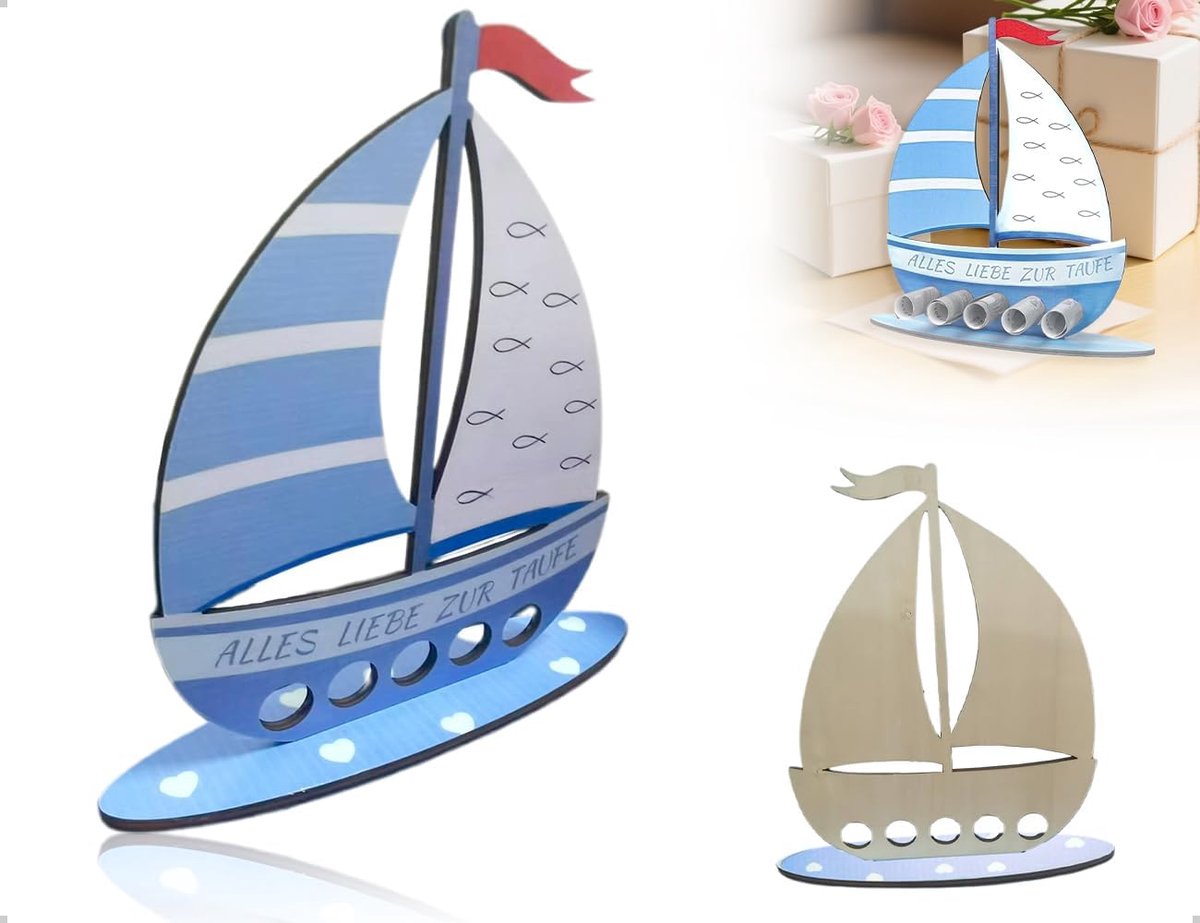 SnelShoppen - Doopdecoratie voor jongens, houten boot met basis voor doop, blauw, met geldinsteekgaten, voor eettafel, kast, nachtkastje en bureau