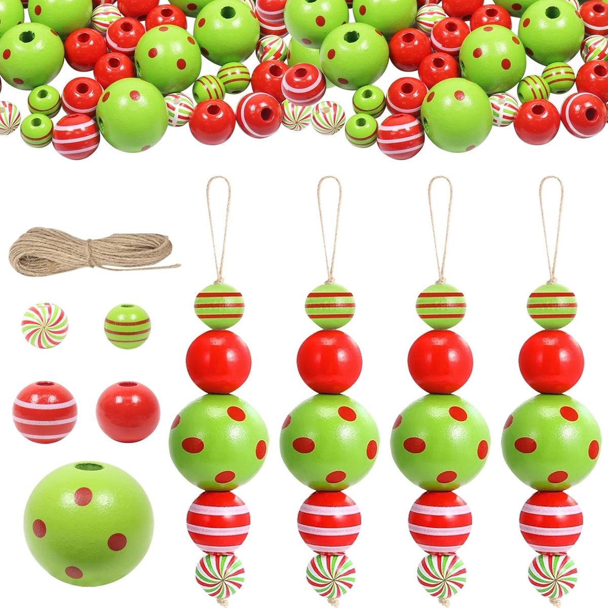 Kleurrijke Kerstdecoratie Set met 60 Stuks, DIY Kralen voor Stringen, Kerstversieringen en Touw voor Winterse Sfeer en Thuisdecoratie