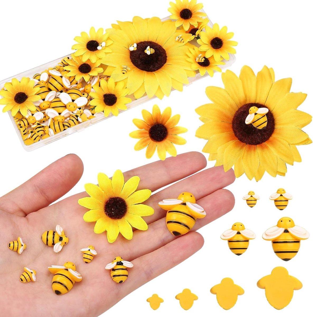 SnelShoppen - 110-delig Bijen en Zonnebloem Knutselset, 100 Hars Bijen in 4 Maten + 10 Kunstmatige Zonnebloemen voor DIY Decoratie, Feest, Poppenhuis,