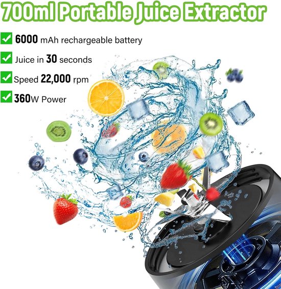 Draagbare mixer - Persoonlijke blender - Gezonde dranken maken - Zes roestvrijstalen messen - 700 ml - Zwart — afbeelding 4