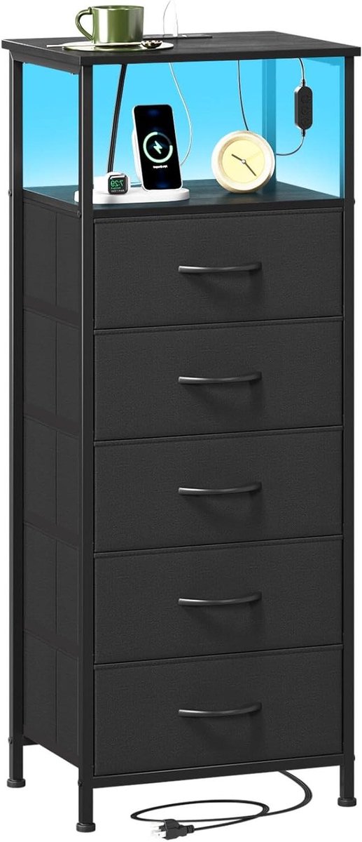 Nachtkastje Met Lades - Opbergkastje Bureau - Opladen En Opbergen - Geïntegreerde Stopcontacten - 30x40x101cm - Zwart