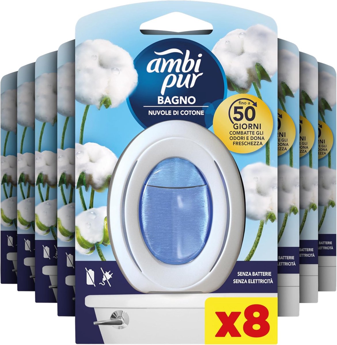SnelShoppen - Ambipur Luchtverfrisser Badkamer Mega-Pack (8 x 45 Dagen) - Verwijdert Slechte Geuren - Katoenwolkengeur - Ideaal voor Huis, Toilet, en