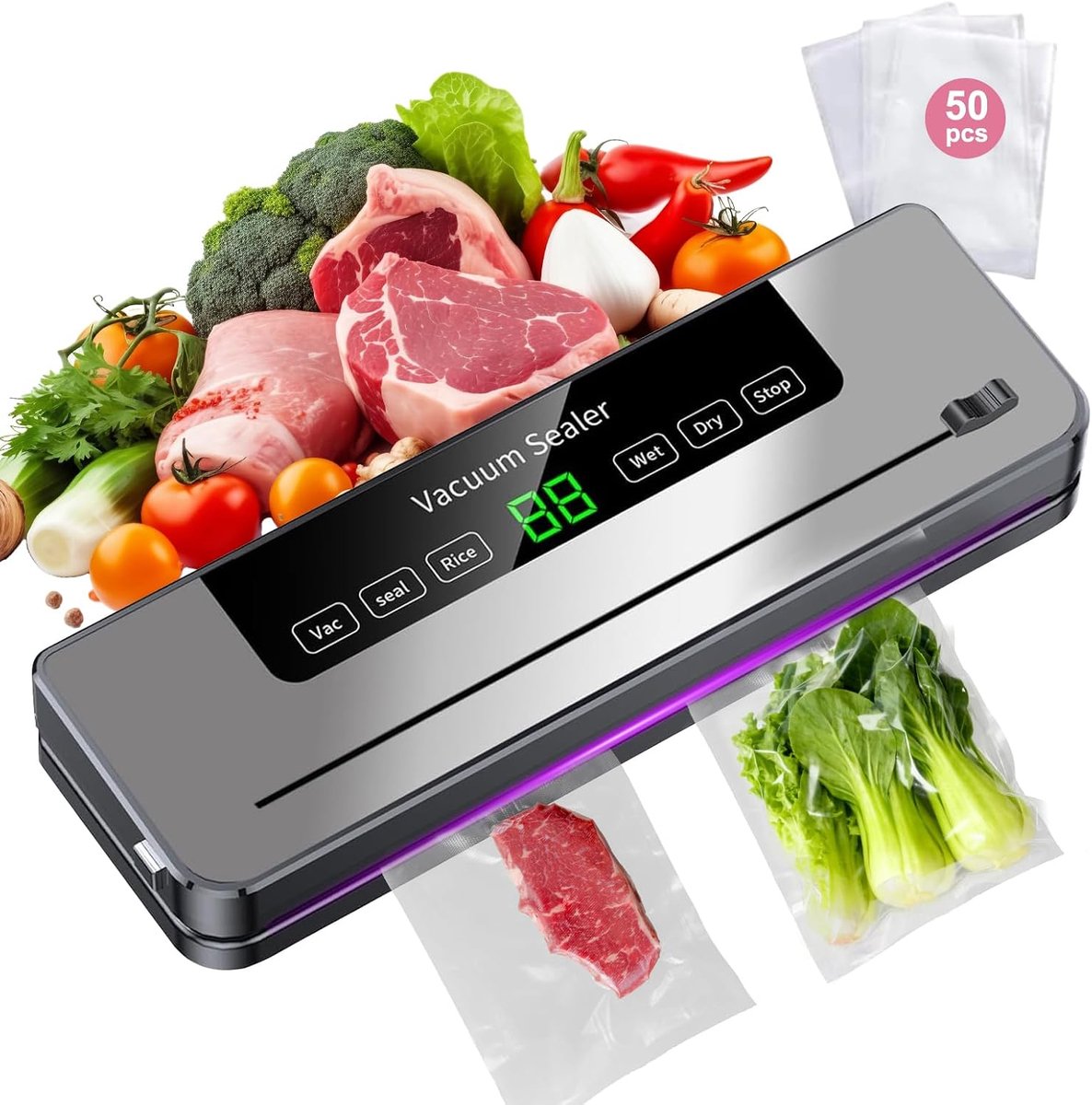 SnelShoppen - Food Vacuum Machine met 60 Vacuümzakken, 5-in-1 Multifunctionele Vacumeermachine, Nat en Droog Modus voor het Bewaren van Fruit, Groente