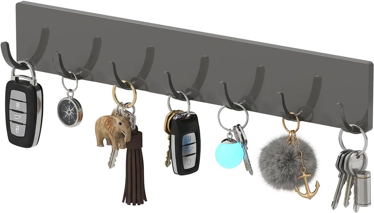 SnelShoppen - Sleutelhouder zonder boren, sleutelrek met 7 haken, krachtige zelfklevende sleutelbar, modern grijs, ideaal voor woonkamer, keuken, kaps