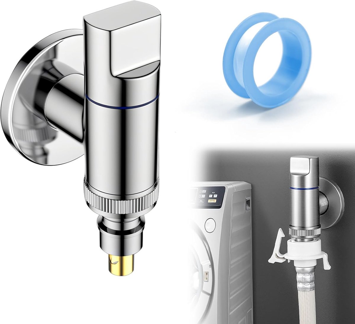SnelShoppen - Waterkraan Wasmachine, 1/2 en 3/4 Zilver Hoekklep, Automatische Waterstopklep van Messing voor Wasmachine Slangverbinding