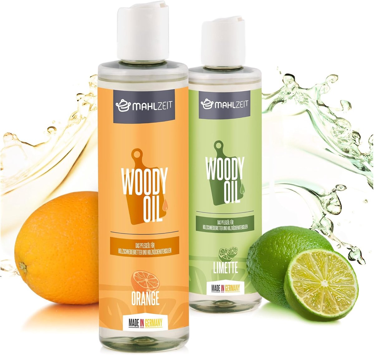 SnelShoppen - Mahlzeit WOODY OIL Houtverzorgingsset | 2x250ml Houtolie voor Snijplanken en Houten Keukengerei | Citroen en Sinaasappel Geur | 100% Nat