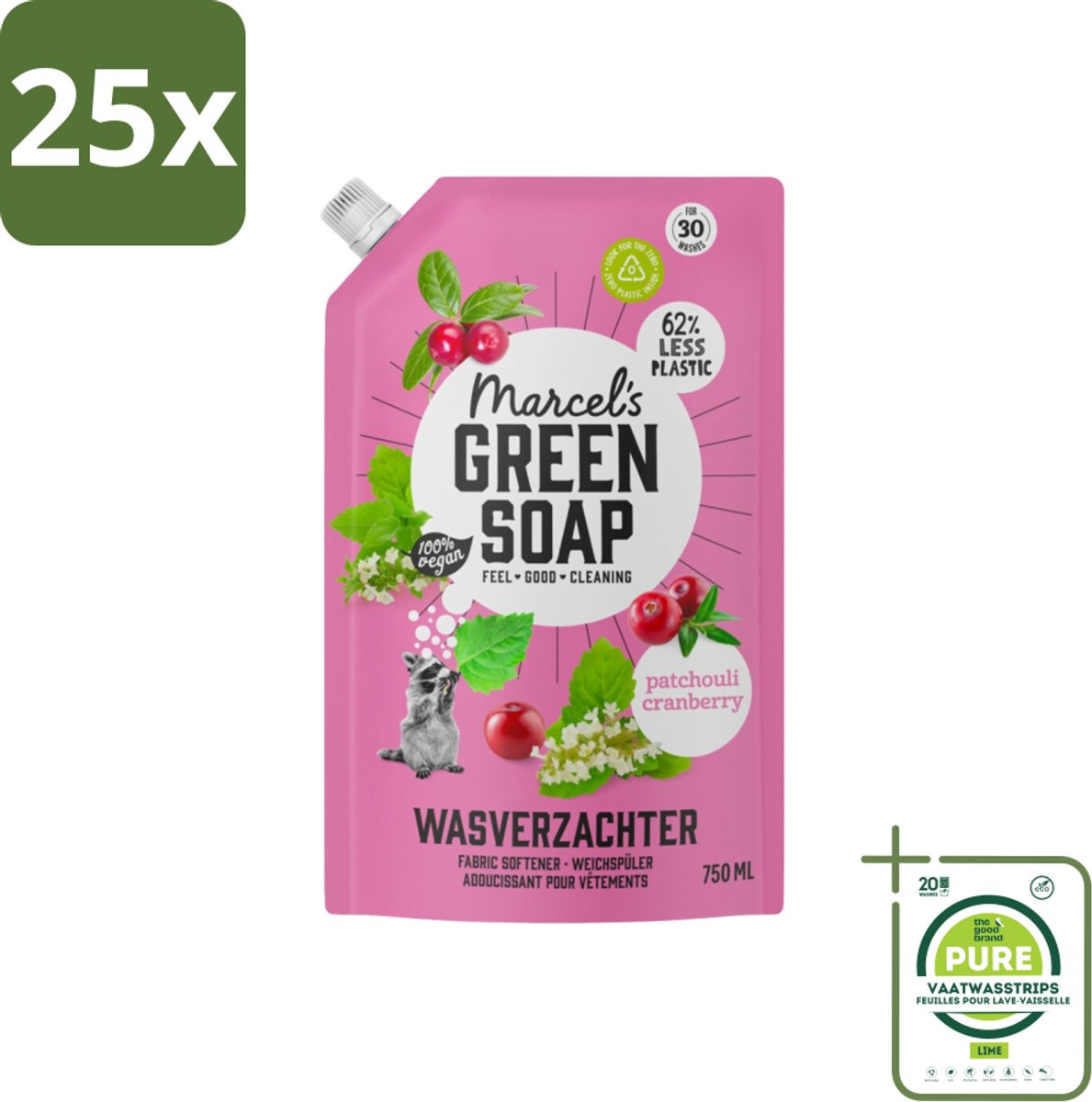 25 x Marcel’s Green Soap – Wasverzachter – Patchouli & Cranberry - Navulling – 750 ml - Grootverpakking - Wasverzachter - Navulling - Patchouli - Cranberry - Wasverzachter Navulling