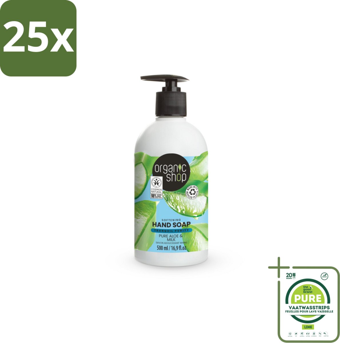 25 x Organic Shop - Handzeep Aloe & Milk - Verzachtend en Hydraterend - 500 ml - Grootverpakking - Biologische Handzeep - Aloë Vera Handzeep - Hydraterende Handzeep - Verzachtende Handzeep - Melkproteïnen Handzeep