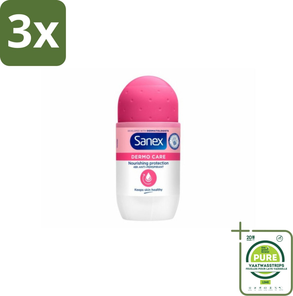 3 x Sanex – Deodorant Roller – Dermo Care 48H Antiperspirant - 50 ml - Grootverpakking - Antiperspirant 48h - Roll-on Antiperspirant - Huidverzorging - Zweetvermindering - Geurvermindering