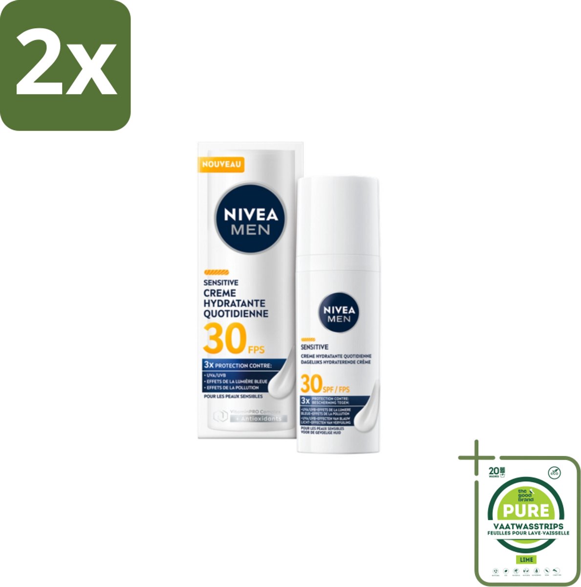 NIVEA MEN – Gezichtscrème – Sensitive, Gevoelige huid, SPF30 – 50 ml - Voordeelverpakking - 2 stuks - Gevoelige huid - Hydraterende crème