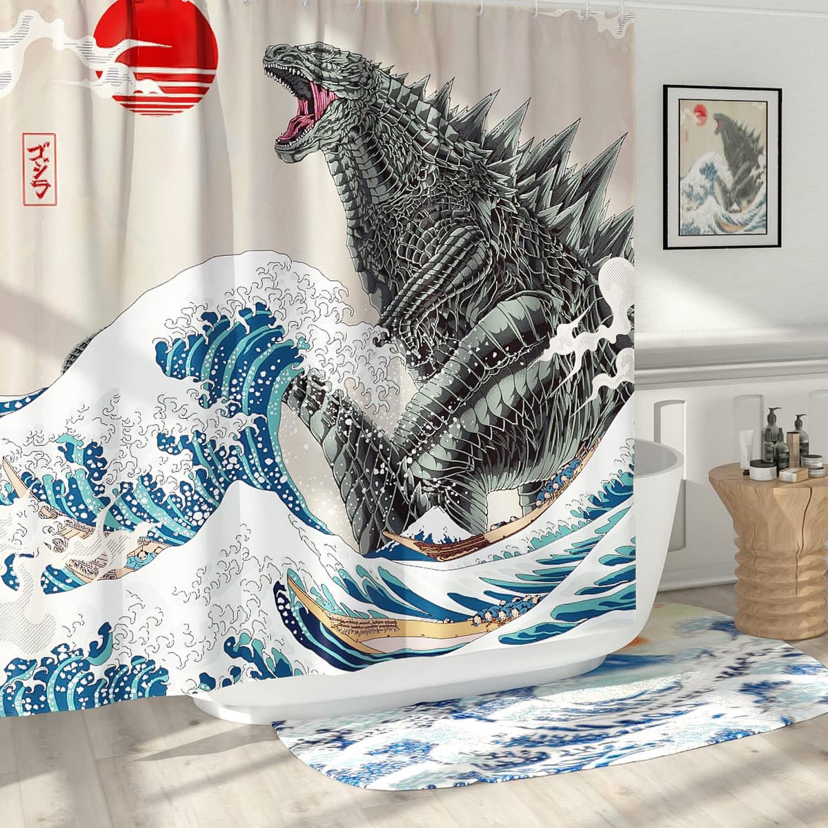 SnelShoppen - Grappige douchegordijnset met anime monster, kleurrijk douchegordijn voor badkamer, Aziatische Japanse stijl, 157,5 cm x 182,9 cm, polye