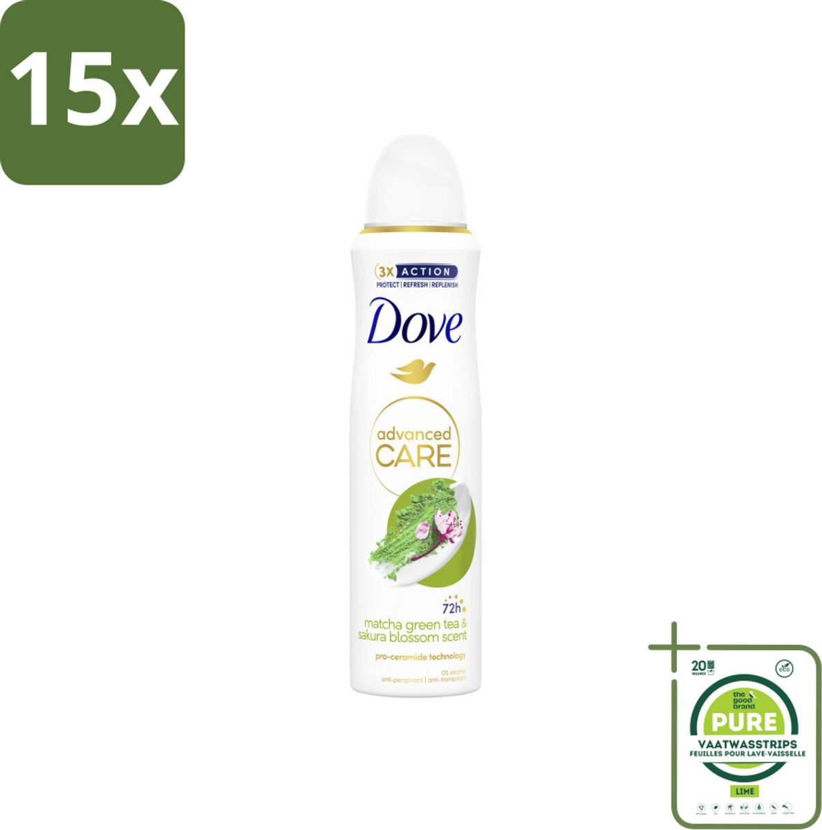 15 x Dove Deodorant Spray - Matcha & Sakura - 150 ml - Grootverpakking - Dove Deodorant - Anti-transpirant - Matcha - Sakura - Deodorant Spray