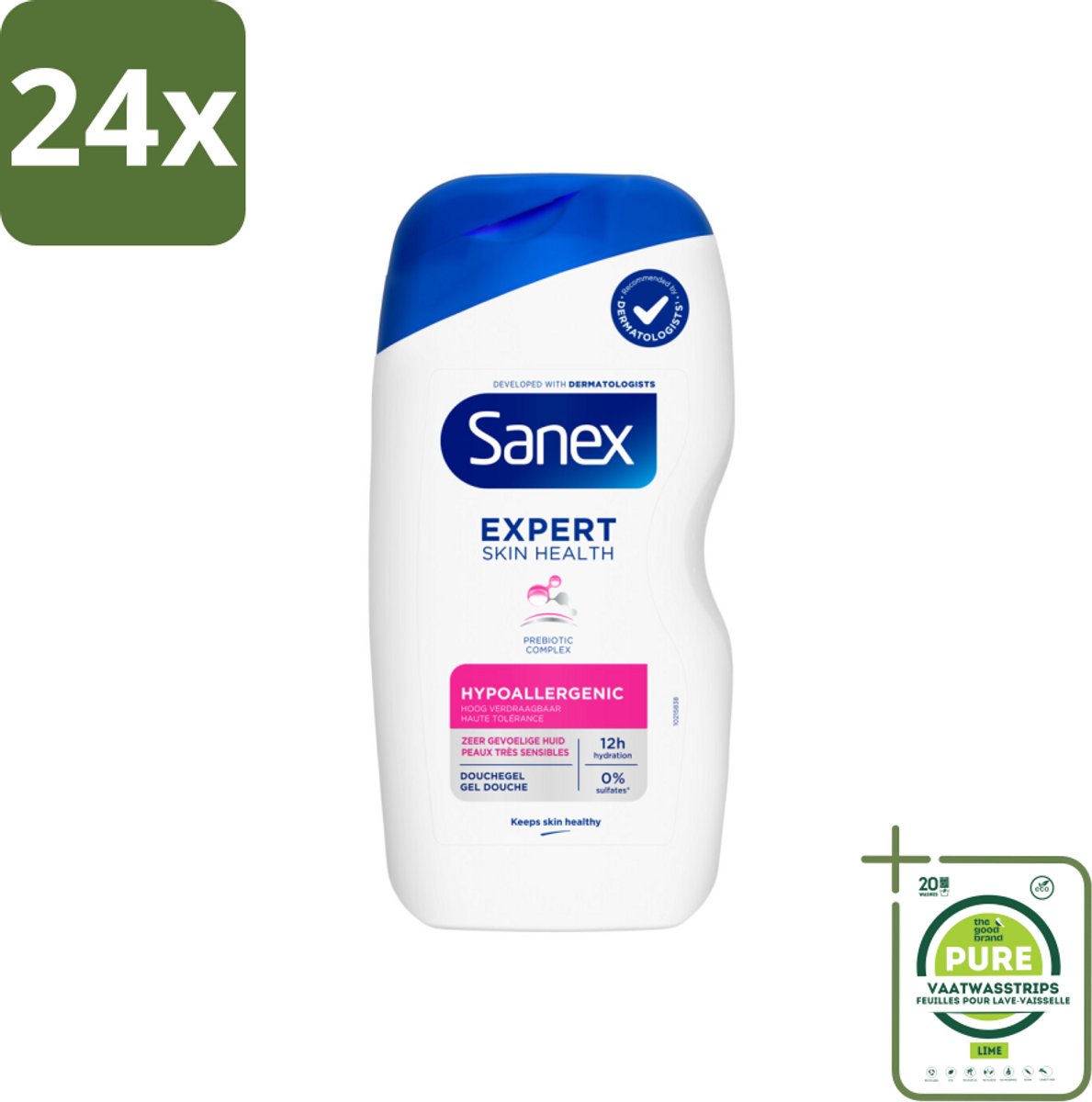 Sanex – Douchegel – Expert Skin Health Hypoallergeen – 400 ml - Voordeelverpakking - 24 stuks - Gevoelige huid - Hypoallergenisch