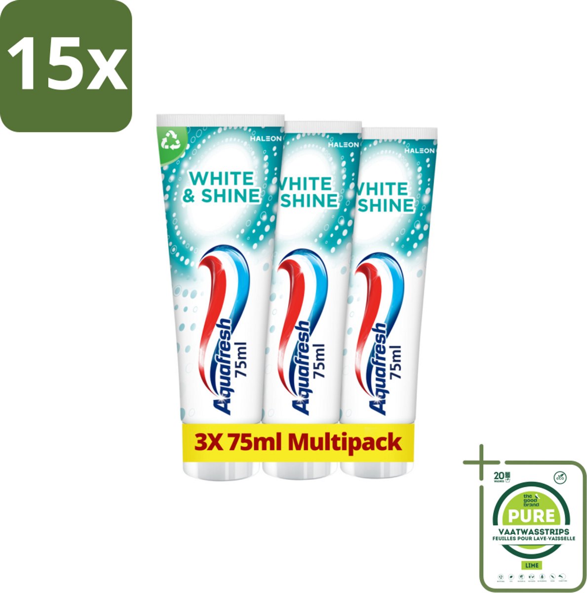 15 x Aquafresh White & Shine Tandpasta - Voordeelverpakking - 3 tubes - Grootverpakking - Tandpasta - Wittere Tanden - Glans - Microparels - Mondverzorging