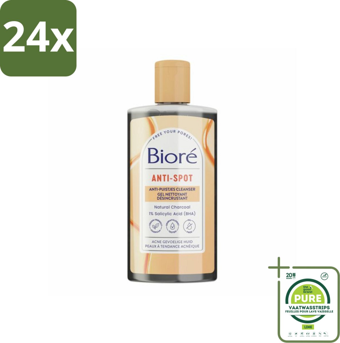 Bioré – Houtskool Anti-Puistjes Reinigingsgel – Gezichtsreiniger – 200 ml - Voordeelverpakking - 24 stuks - Houtskool reinigingsgel - Puistjes voorkomen