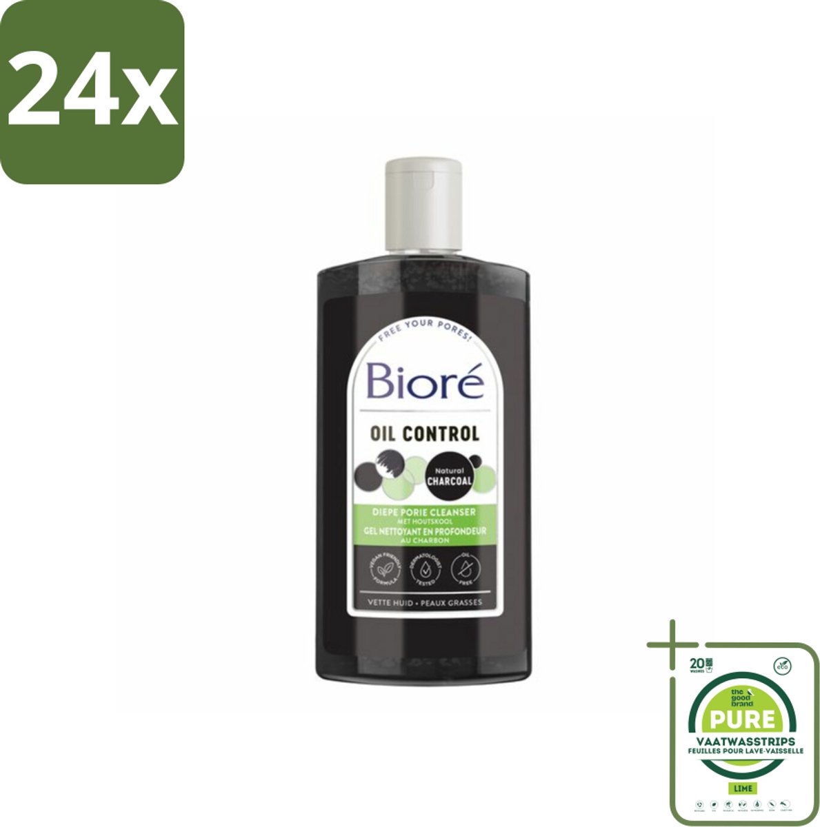 Bioré – Houtskool Reinigingsgel – Gezichtsreiniger – 200 ml - Voordeelverpakking - 24 stuks - Gezichtsreiniger - Houtskool