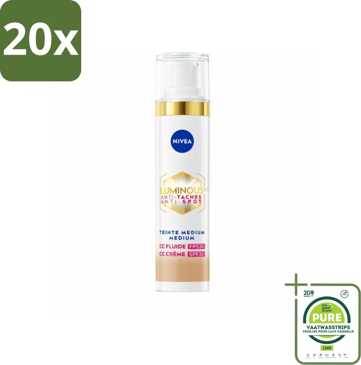 20 x NIVEA - Cellular LUMINOUS630 CC Crème Medium - Gekleurde Dagcrème - Tegen Pigmentvlekken - SPF 30 - 40 ml - Grootverpakking - Gekleurde Dagcrème - Anti-pigmentvlekken - CC Cream - NIVEA Cellular LUMINOUS630 - SPF 30