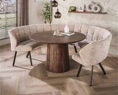 Ronde eettafel met een houten onderstel en een rond tafelblad. De tafel wordt omringd door een U-vormige zitbank met gestoffeerde rugleuning en poten.
