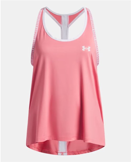 Roze sporttop met witte bandjes en Under Armour logo. De schouderbanden hebben een Under Armour opdruk.