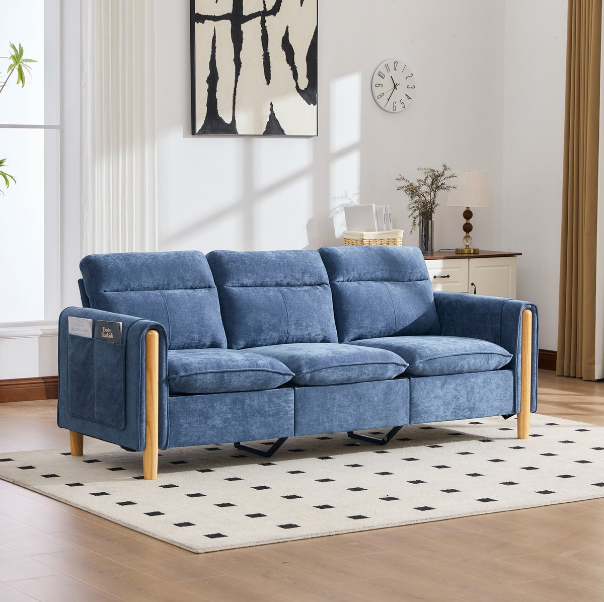MEUNIQ L-vormige hoekbank 3-zits 201 x 77 x 86 cm met opberghocker, zijvakken en houten poten voor woonkamer, blauw chenille